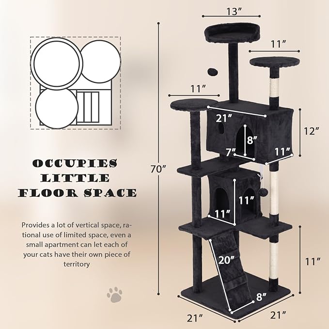 Heavy Duty Cat Tree Tower, 70" Tall Cat Tower for Indoor Cats with Cat Scratching Post with Bed, Cat Condo, Hanging Ball, Multi-Level Cat Climbing Tower Cat Trees Furniture Activity Center, Dark Grey