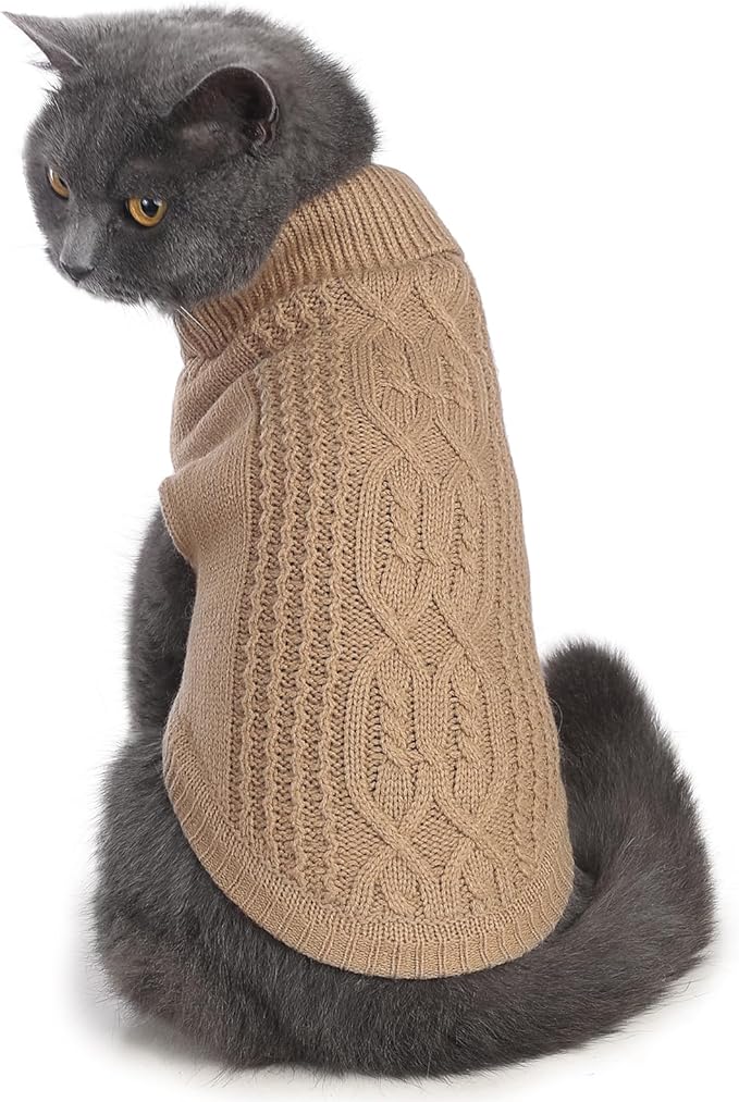 Stretchy Cat Sweater - 17 Colors & 6 Sizes | Snug Winter-Ready Knit for Boy/Girl Cats & Kittens(Khaki, Medium)