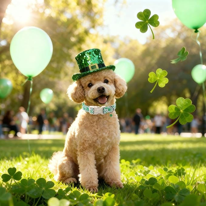St Patricks Day Dog Collar for Medium Dogs - Leopard Lucky Clover Dog Collars, Lightweight Adjustable Irish Green Festival Shamrock Dogs Collars with Quick Release Buckle M