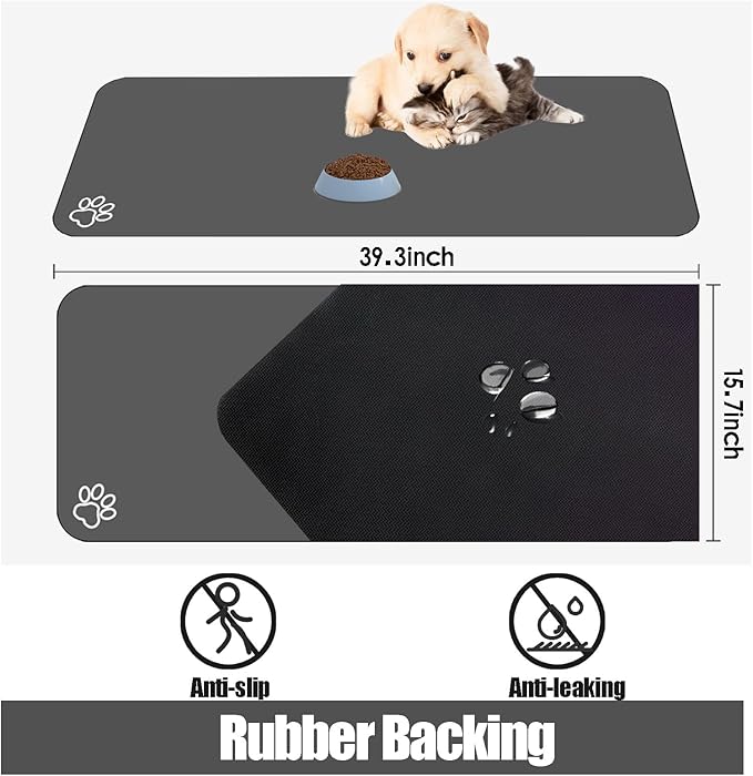 Large Pet Feeding Mat, 39.3" x 15.7" Absorbent Quick Dry Dog Mat for Food and Water Bowl, Non Skid Cat Bowl Mat, No Stains for Pet Water Dispenser Pet Supplies for Messy Drinkers