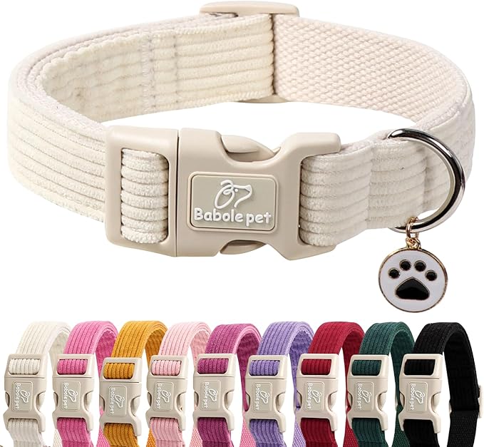 Cute Corduroy Dog Collar - White Adjustable Dog Collars for X-Large Dogs 80+lbs, Fade-Proof with Secure Snap & Little Charm, Christmas Birthday Gift, XL