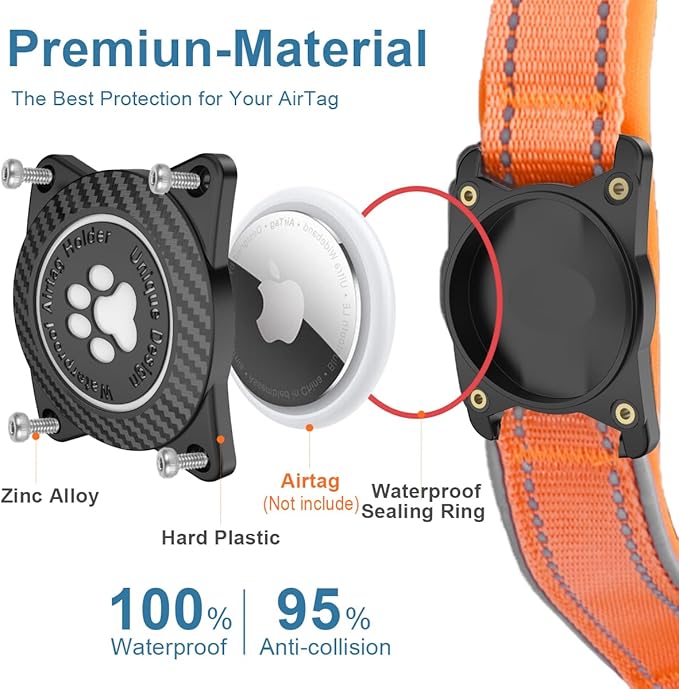 Airtag Dog Collar with Waterproof Air Tag Holder, Luminous Reflective, Soft Padded, Adjustable Nylon Pet Collar for Small Medium Large Heavy Duty Dogs,Orange, S