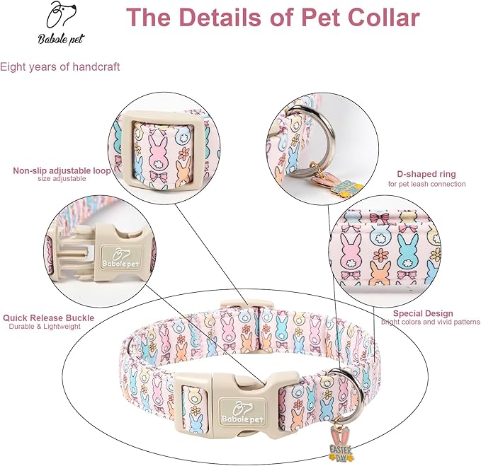 Easter Dog Collar for Puppy Small Dogs - Pastel Easter Bunny Collars for Female Dogs, Cute Spring Girl Dog Collar, Lightweight Adjustable Cartoon Holiday Pet Collars XS