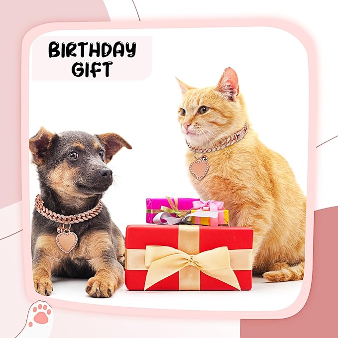 Hillban Dog Chain Gold-Plated Diamond Collar with Heart Rhinestones Jewelry Pet ID Tag Chain Bling Puppy Collar with Personalized Name Tag for Small Medium Large Dog Cat(Rose Gold,12 Inch)