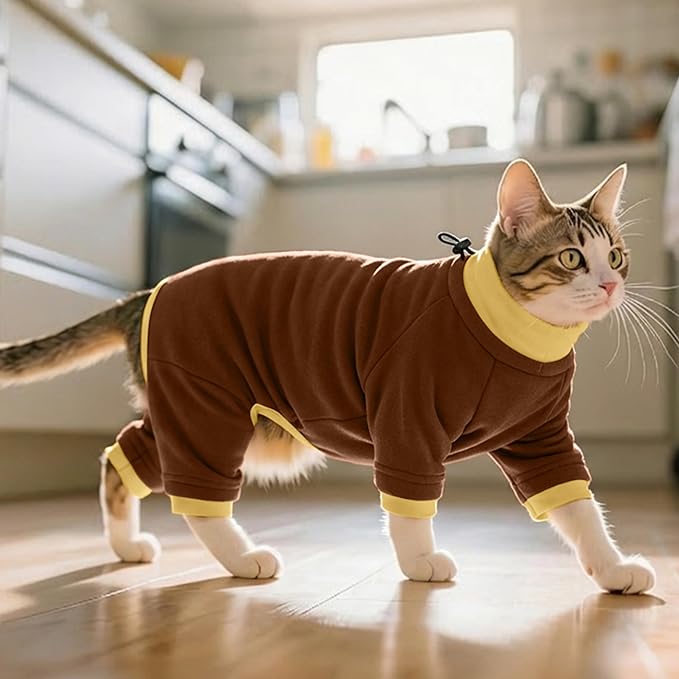 PUMYPOREITY Cat Recovery Suit, Stops Wound Licking After Surgery, Sticky Hair Shirt with Sticky Fabric, Cat Pajamas Prevents Over-Grooming, Brown, XS