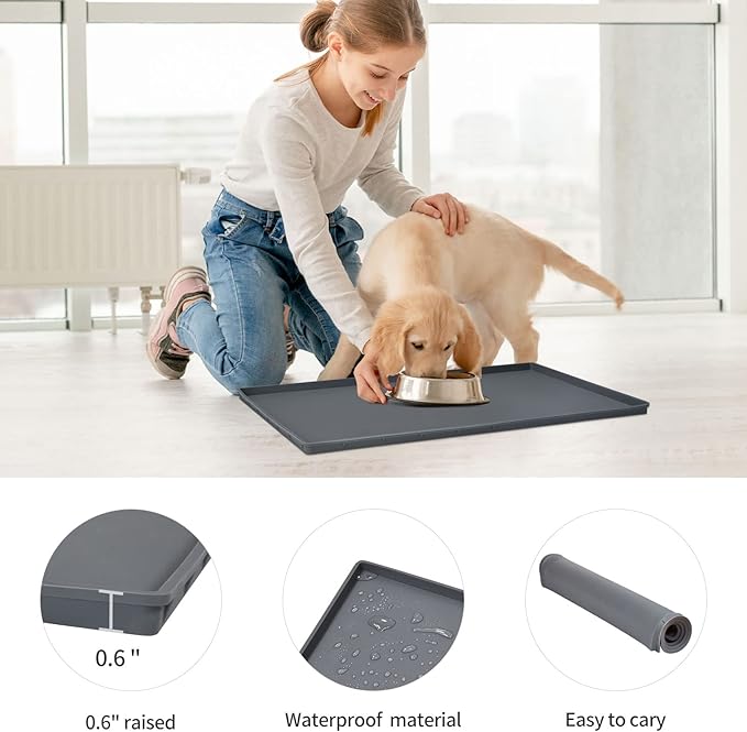 Dog Food Mat,Silicone Waterproof Food Tray,Non Slip Pet Bowl Mats Placemat,0.6" Raised Edge,Suitable for Most Small and Medium Sized Pets,24" x 16"