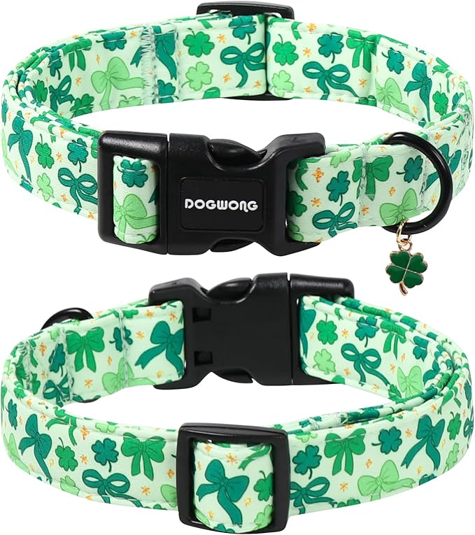 DOGWONG St Patrick's Day Dog Collar-Cute Green Clovers Dog Collar, Adjustable Cotton Shamrock Pet Collar Trefoil Puppy Collars with Quick Release Buckle,XL