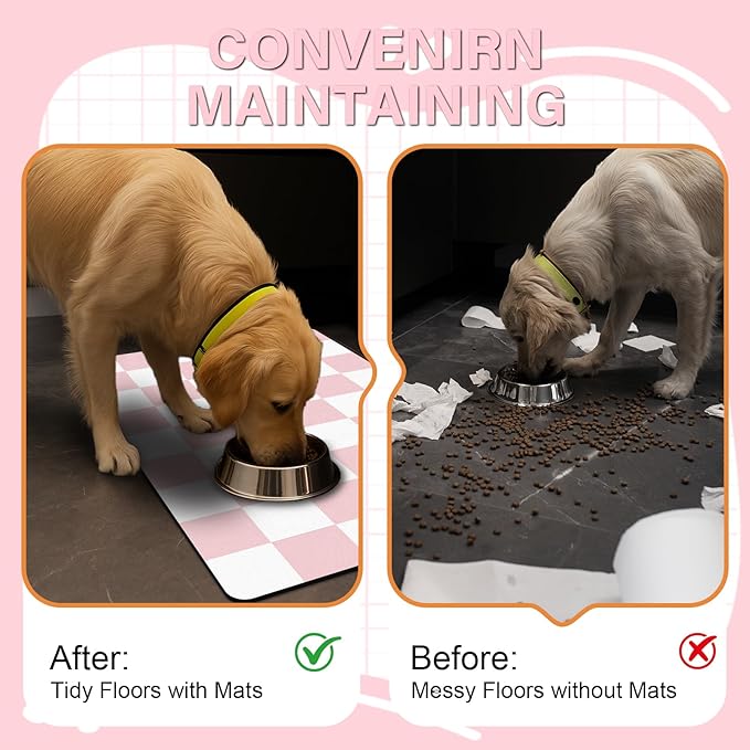 Pet Feeding Mat, 16"x 24" Absorbent Dog Food Mat, Checkered Cat Bowl Mats, Easy to Clean Pet Placemats, Quick Dry Dog Water Dispenser Mats for Messy Drinkers, Pink & White
