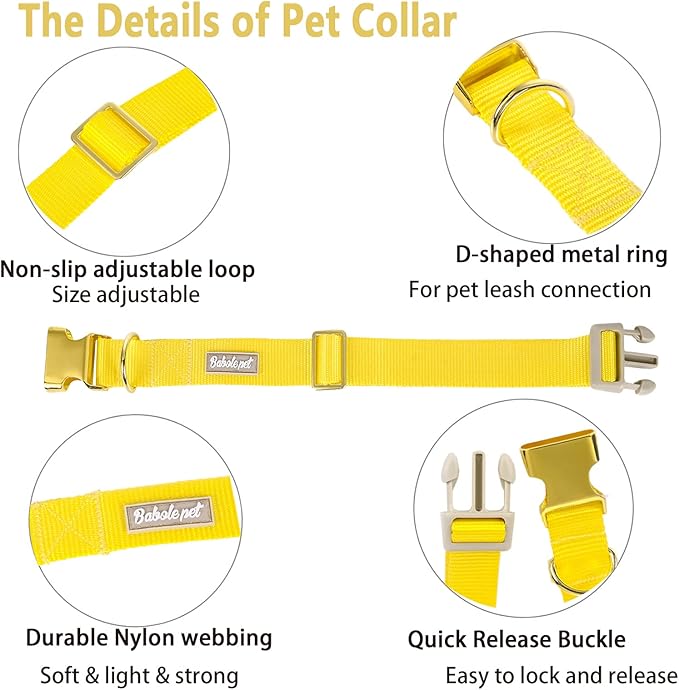 Nylon Dog Collar - Adjustable Yellow Soft Webbing Dog Collars for Small Medium Large Dogs Boy Girl Puppy Collar with Safety Metal Buckle L
