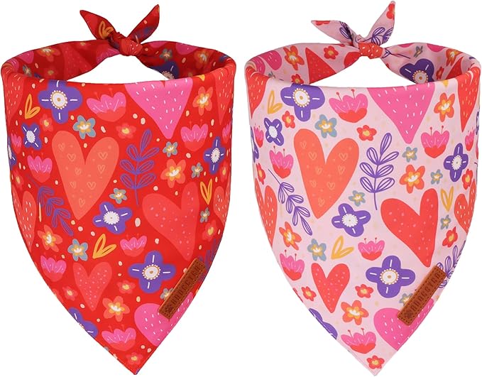 ADOGGYGO Valentines Dog Bandana 2 Pack, Heart and Floral Print Pet Scarf Bib, Adjustable Fit Red Pink Valentines Bandanas for Extra Large Dogs (X-Large)