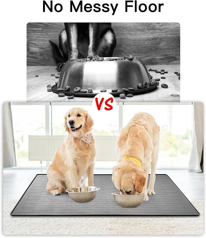39.4"x29.5" Large Pet Food Mat, Silicone Dog Mats for Food and Water, Nonslip Pet Feeding Mats for Floors,Dog Cat Bowl Mat with Raised Edges, Dark Green
