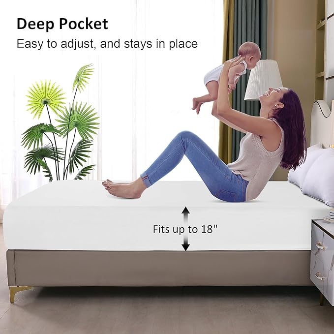 Waterproof Mattress Protector Queen, Fitted Sheet Style Breathable Mattress Cover with Deep Pocket Fits Up to 18'', Noiseless Bed Cover for Kids Adults Pets, Machine Washable (White, 60'' X 80'')
