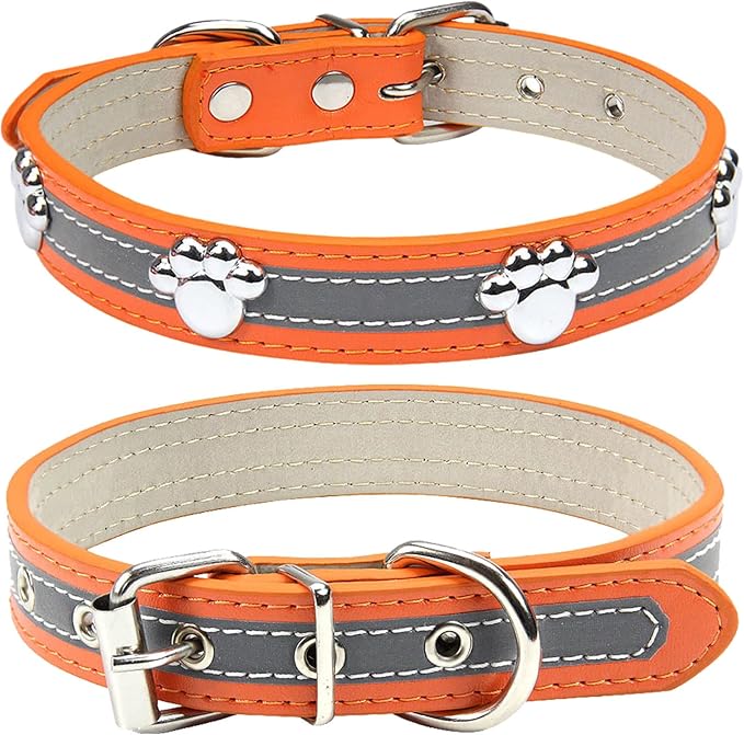 PETCARE Reflective Dog Collar with Cute Paw Rivet Studded Funny Soft PU Leather Adjustable Puppy Dog Collars for Small Medium Large Dogs Cats (Orange,X-Large)
