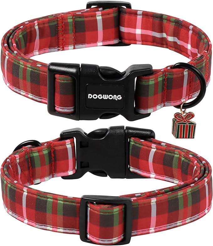 DOGWONG Christmas Plaid Dog Collar, Cute Adjustable Red Collar for Boy and Girl Dogs, Dog Collar with Strong Plastic Buckle for Small Medium Large Dogs,XS
