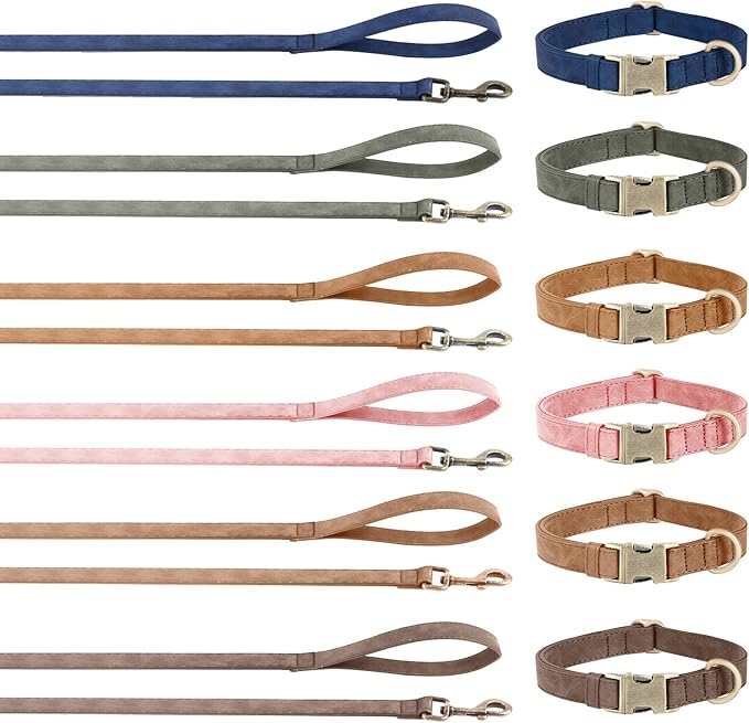 Genuine Leather Dog Collar - Adjustable Pet Collar with Quick Release Metal Buckle, Soft Skin Friendly Real Leather Collar for Small, Medium, Large Dogs (Khaki Collar + Rope, S：Fit 8-16" Neck)