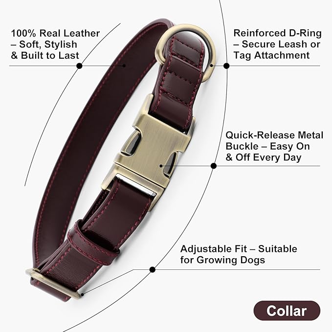 Plutus Pet Genuine Leather Dog Collar – Adjustable Pet Collar with Quick Release Metal Buckle, Soft Real Leather for Small Medium Large Dogs, Heavy Duty & Skin-Friendly (Copper Brown, M)