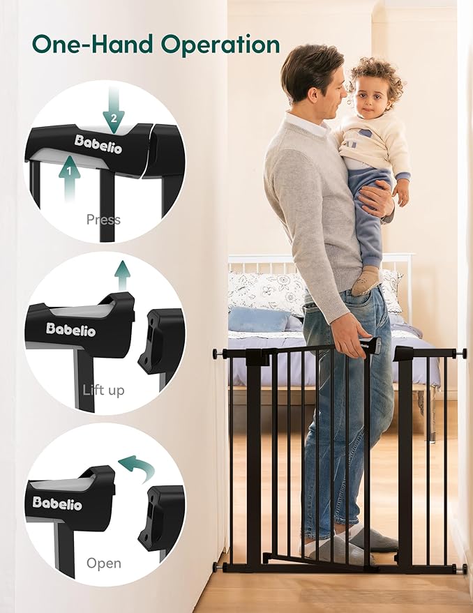 Babelio Baby Gate, 29-43" Auto-Close Easy Install Pet Gate, PressGuard P7 Extra Wide Walk Thru Child Safety Gate, 30" Tall Pressure-Mounted Metal Dog Gate for Doorways & Stairs, Black