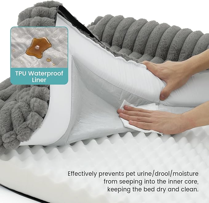 Cute Dog Bed, Faux Rabbit Fur Orthopedic Foam Dog Bed with Sides, Removable Washable Cover & Waterproof Lining, Comfortable Pet Couch for Medium Dogs, Grey (36" L x 27" W x 6.5" Th)