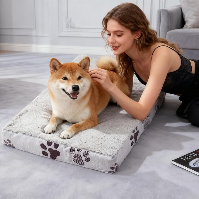 Waterproof Orthopedic Dog Bed for Large Medium Sized Dogs 35x22 Inch - Egg Crate Foam Pet Crate Bed with Removable Washable Cover, Plush Top Anti-Slip Bed Mat, Beige