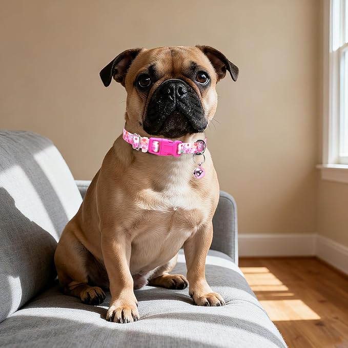 Puppy Collar with Bell，Nylon - Adjustable XXS/XS Tiny Dog & Cat Collar for Small Breeds,Soft Pink Collar with Quick-Release Buckle（Flowers XS）