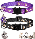 2Pcs Breakaway Cats Collars Cat Collars for Boy & Girl Cats Moons Adjustable Kitten Collars with Bell & Pendant Glow in The Dark,Purple+Black