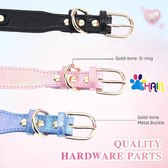 THAIN Fashion Dog Collar with Bling Diamonds & Heart Charm – 5 Holes Adjustable PU Leather Rhinestones Necklace Collar, Gold Buckle for Small Medium Dogs Girl boy (Black, S)
