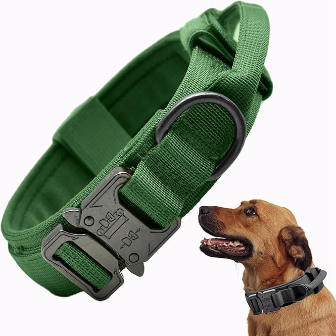 Tactical Dog Collar, Adjustable Military Training Nylon Dog Collar with Control Handle and Heavy Quick-Release Metal Buckle for Small Medium Large Dogs, Emerald Green L