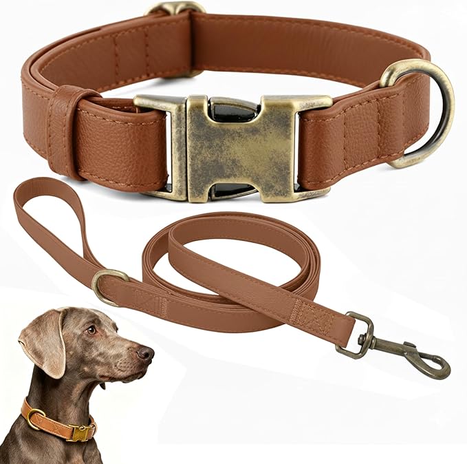 Dog Collar and Leash Set,Leather Silicone Waterproof Odor-Proof Dog Collar and Leash for Large Dogs, Soft Flexible Dog Collars, Durable Thick Adjustable Pet Collar (Brown, Large (14.5-24" Neck))