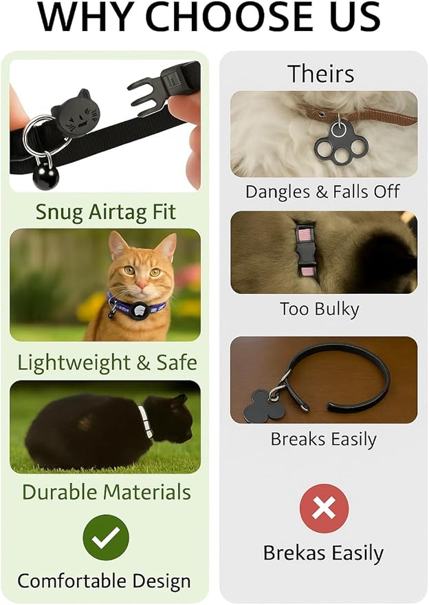 AirTag Cat Collar Airtag Holder for Cats – Breakaway Reflective Nylon Kitten Collar with Bell, Adjustable 1cm Cat Collar for Tracking, Safety & Small Cats (Fits 8.66–13.78 in)