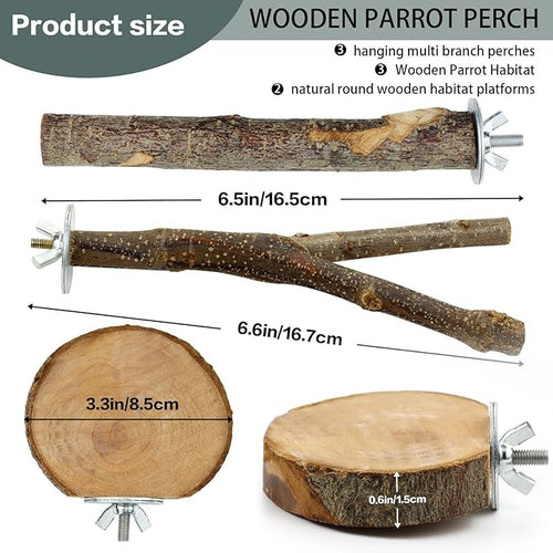 8 PCS Natural Bird Perch Set - Apple Wood Platforms & Hardwood Branches for Parakeets, Cockatiels, Lovebirds - Natural Cage Accessories, Gym Playstand & Chewing Toys for Small Birds