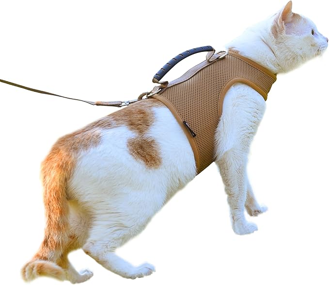 Kitty Harness and Leash for Walking Escape Proof Breathable Mesh Fabric, Solid Brown, Small, Adjustable Cat Walking Jackets with Handle, Padded Stylish Cat Vest