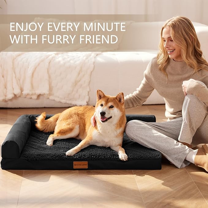 Patas Lague Orthopedic XL Dog Bed Large Sized Dog 42''X28'', Waterproof L Bolster Big Pet Sofa Beds with Removable Washable Cover, Soft Comfortable Pet Couch Crate Mat with Nonskid Bottom, Black