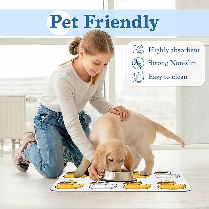Cute Ducks Glasses Pet Feeding Mat for Floors–Christmas Stocking Absorbent Quick Dry Dog Cat Bowl Mat for Food and Water, Non Slip Waterproof Base, Mess-Free Feeding Accessories 12"x20"