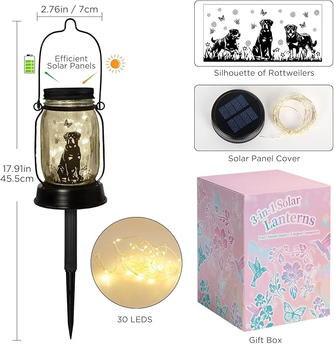 kyoryuger Rottweiler Gifts for Women/Men Rottweiler Solar Lanterns Dog Mom Birthday Dog Lovers Lantern Pet Loss Pet Memorial Lights, Solar Garden Decoration Outside for Yard, Patio,Backyard,Porch