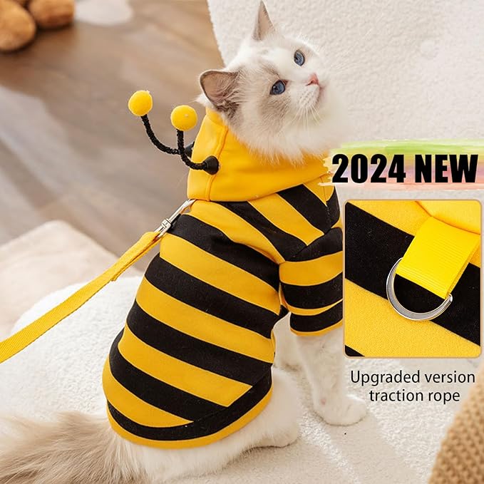 DENTRUN Sphynx Hairless Cats Costume Funny Bee Warm Winter Sweater Cute Pullover Kitten Shirts Breathable Cat Leisure Wear Turtleneck Vest Adorable Cat's Clothes Jacket Pajamas Jumpsuit, XS