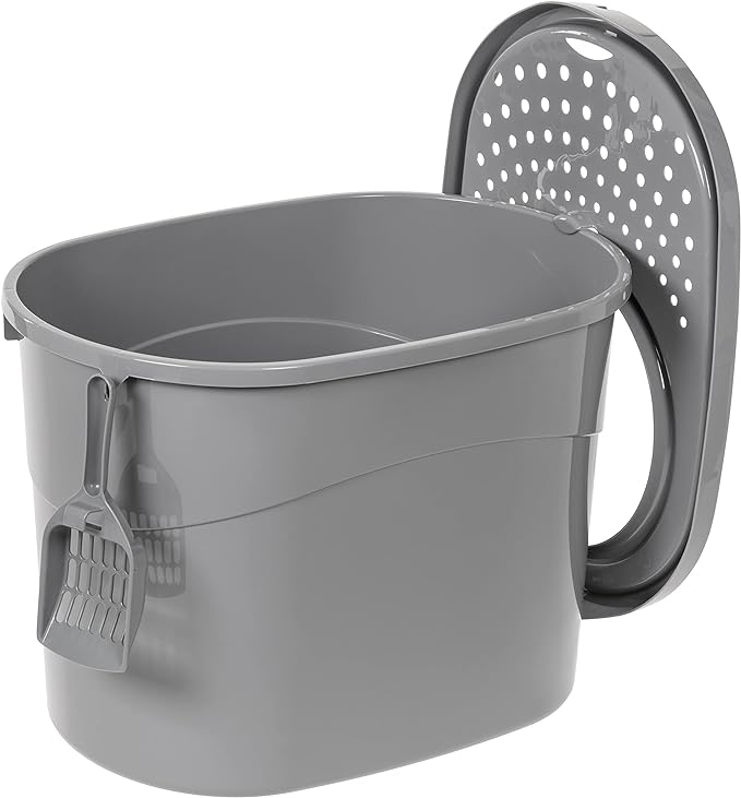 Amazon Basics Large Cat Litter Box with High Sides, Top Entry, Odor Control, Includes Scoop, 20.5 x 14.75 x 14.38 inches, Grey