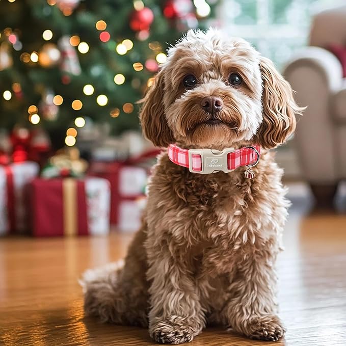 Plaid Dog Collar - Cute Red and Pink Plaid Puppy Collar with Safety Buckle, Soft Adjustable Holiday Dog Collars for Small Medium Large Dogs XS