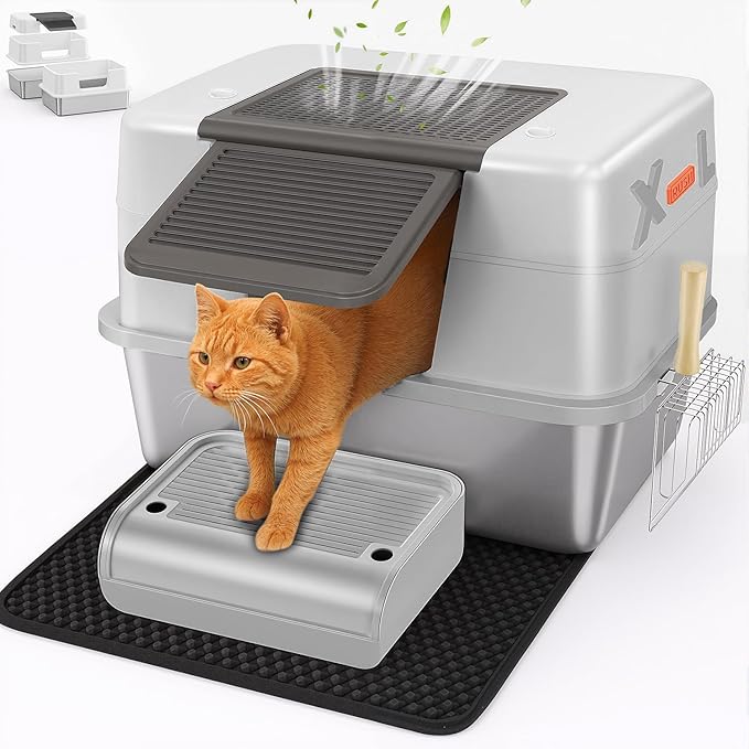 XL Premium Stainless Steel Enclosed Cat Litter Box with Lid, Extra Large Heavy-Duty Metal Litter Box for Big Cats & Multi-Cat Homes|Leak-Proof, Odor-Locking, Non-Stick Surface | Easy Clean (White)