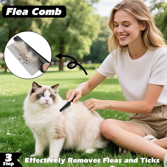 3PCS Self Cleaning Slicker Brush & Pet Grooming Rake & Flea Comb for Dogs,Cats and Horses | Double-Sided Dematting Comb & Skin Friendly Deshedding Grooming Tool | Pet Supplies (Light Pink Black)