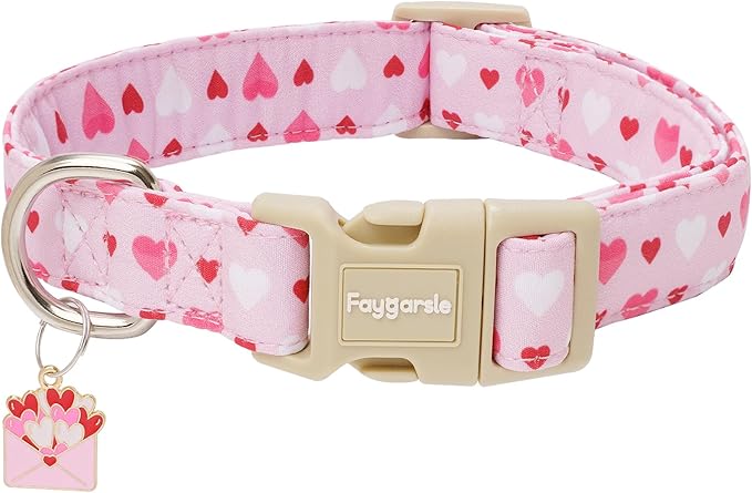 Faygarsle Valentine's Day Dog Collar, Pink with Red and White Hearts Pattern, Adjustable with Quick-Release Buckle and Heart Charm M