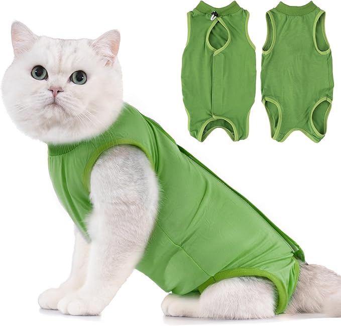 Avont Cat Recovery Suit - Kitten Onesie for Cats After Surgery, Cone of Shame Alternative Surgical Spay Suit for Female Cat, Post-Surgery or Skin Diseases Protection -Green(S)