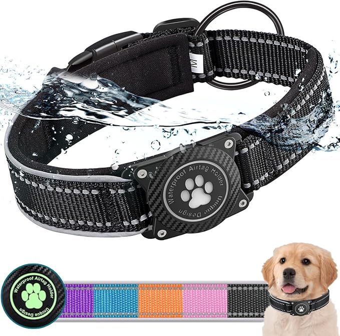 Airtag Dog Collar with Waterproof Air Tag Holder, Luminous Reflective, Soft Padded, Adjustable Nylon Pet Collar for Small Medium Large Heavy Duty Dogs,Black, M
