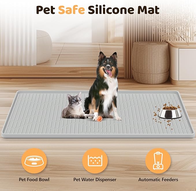 Silicone Cat & Dog Food Mat, 24" x 17" Large Pet Feeding Mat for Cats and Dogs Bowl, Pet Placemat for Food and Water with Raised Edge, Waterproof, Leakproof (Grey)
