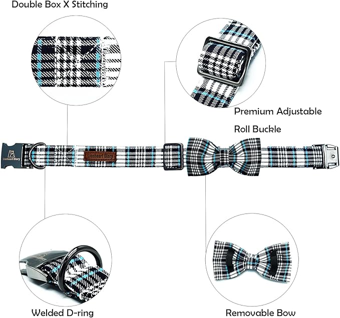 Lionheart glory Dog Bow Collar Blue and Black Plaid Dog Collar for Medium Dogs,Boy Dog Collars with Bowtie Spring Summer Collars Soft Adjustable Pet Collar Bows