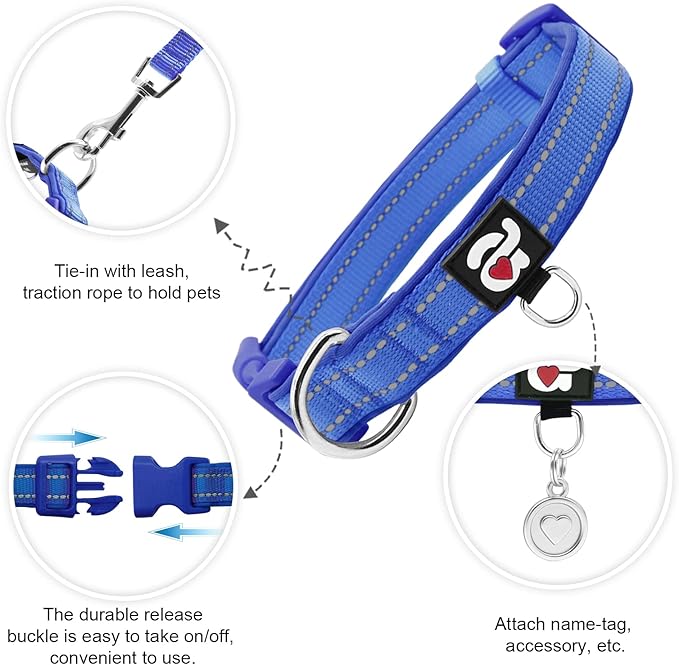 azuza Reflective Dog Collar with Airtag Holder, Soft Neoprene Padded Pet Collar with ID Tag Ring, Adjustable for Puppy and Small Dogs,Royal Blue,XS