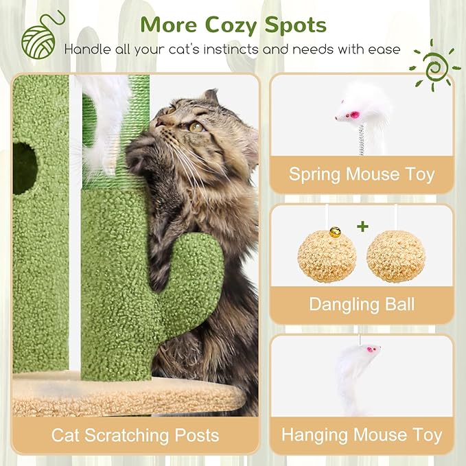 Globlazer Cactus Cat Tree Tower for Indoor Cats, 50-inch Adult Cat Tree House for Large Adult Cats with Steps, Scratching Post, 2 Cat Caves, Dangling Toys, FC50, Green