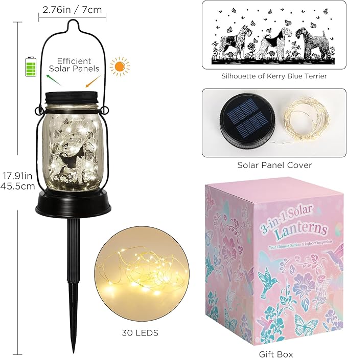 Kerry Blue Terrier Gifts for Women/Men, Pet Solar Lanterns Kerry Blue Terrier Dog Lovers Lantern Pet Loss Dog Memorial Lights Solar Garden Decoration for Yard,Patio,Backyard,Torches Lights Home Decor