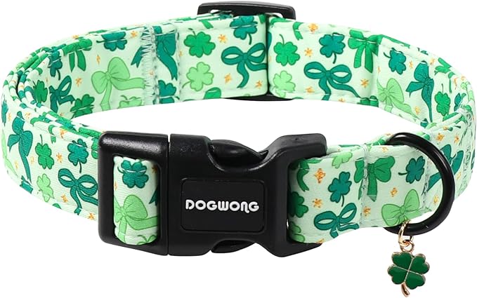 DOGWONG St Patrick's Day Dog Collar-Cute Green Clovers Dog Collar, Adjustable Cotton Shamrock Pet Collar Trefoil Puppy Collars with Quick Release Buckle,XS