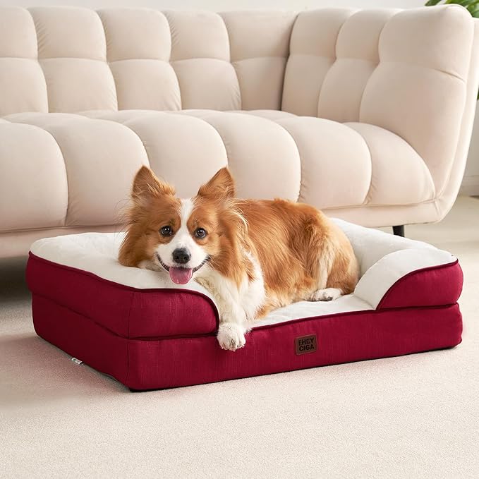 EHEYCIGA Orthopedic Dog Bed for Medium Dogs, Waterproof Memory Foam Medium Dog Beds with Sides, Non-Slip Bottom and Egg-Crate Foam Pet Couch Bed with Washable Removable Cover,Red