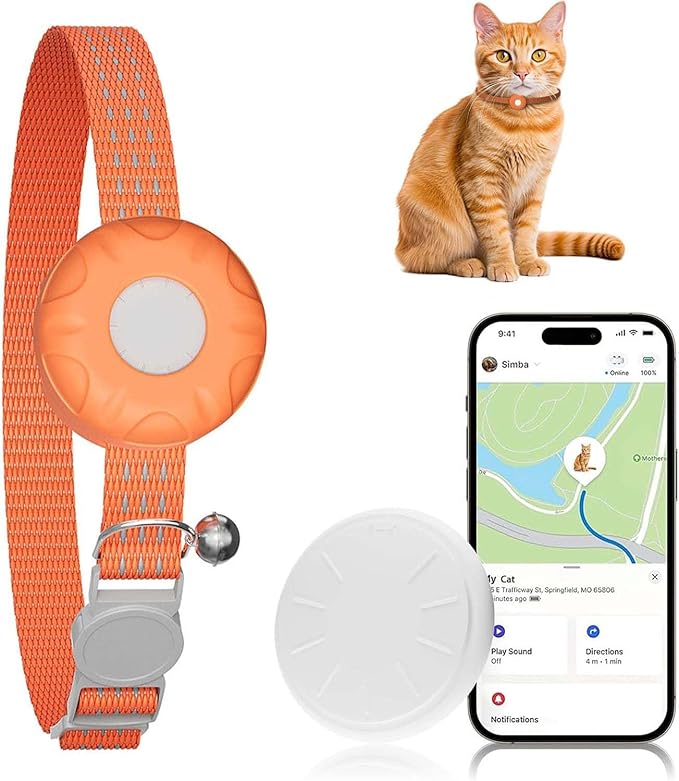 Cat GPS Tracker, Smart Cat Tracker Compatible with Apple Find My App (Only iOS), No Monthly Fee, Waterproof (White Tracker, Orange Cat Collar)